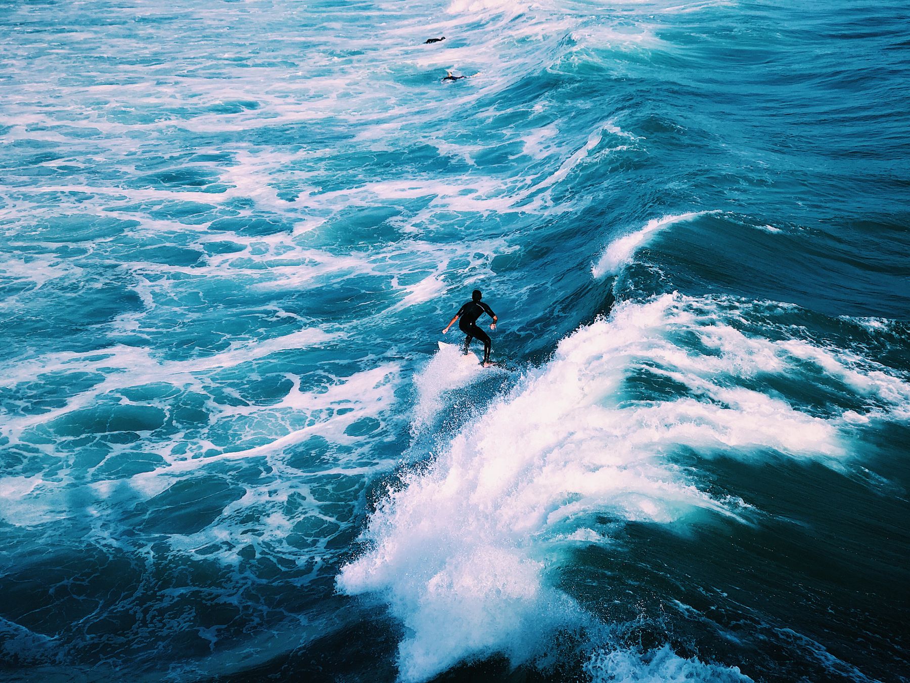A surfer riding a wave in open ocean